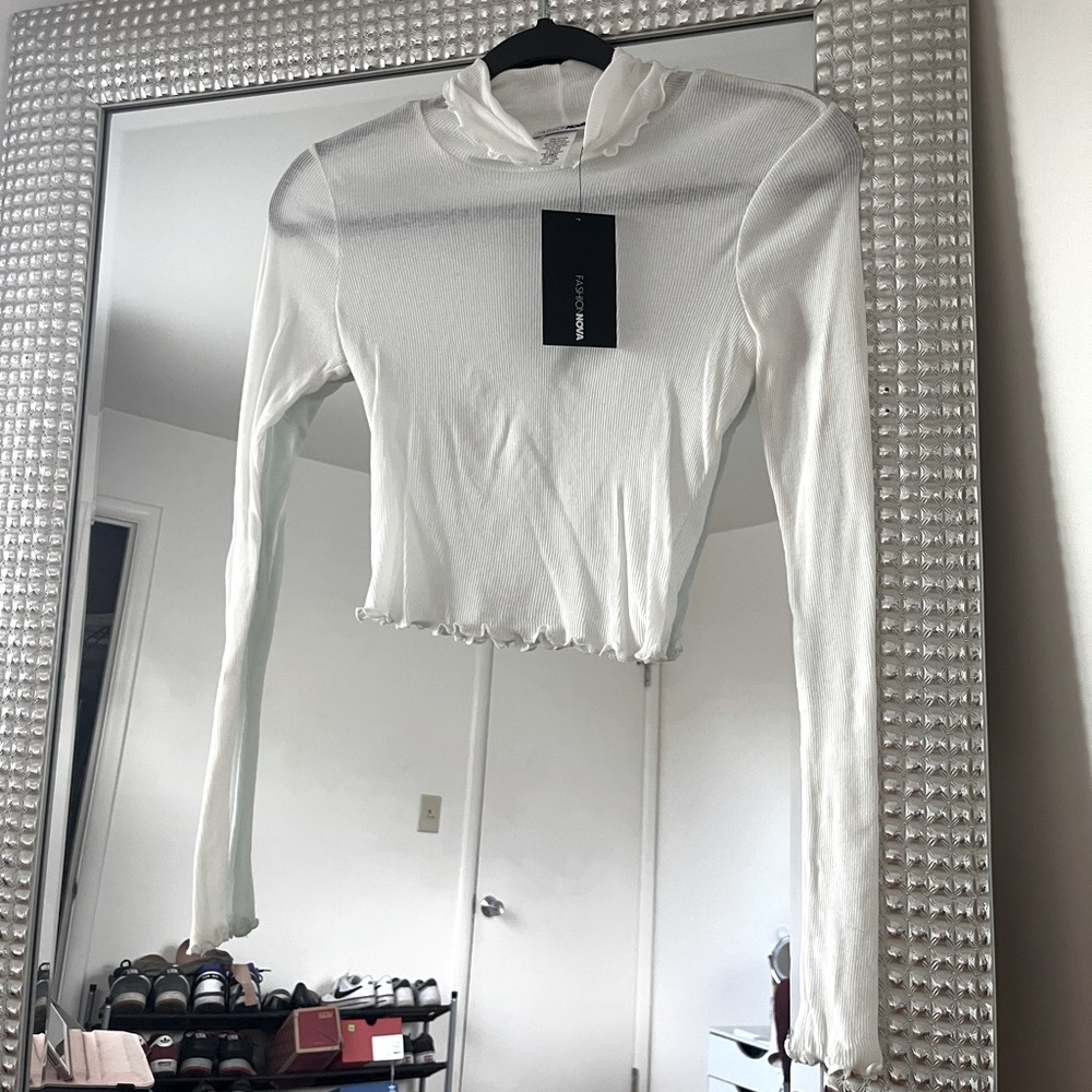 Fashion Nova Sheer White Long Sleeve Shirt